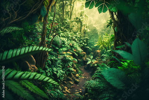 A dense jungle with green foliage and lush undergrowth