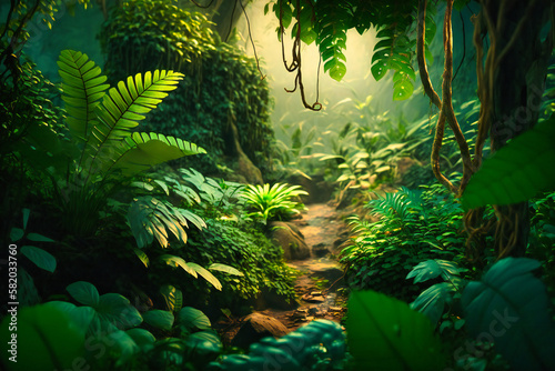A dense jungle with green foliage and lush undergrowth © Nilima