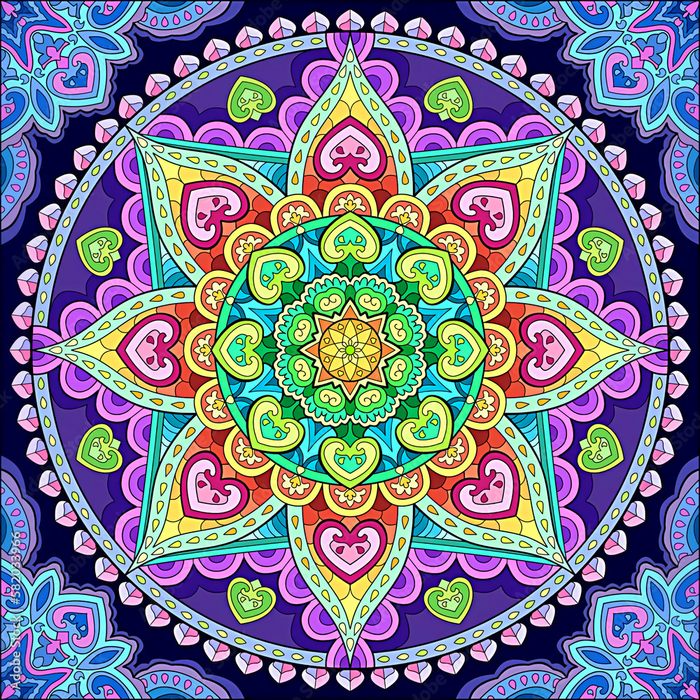mandalas in the form of flowers with a mix of colors, orange, green, yellow, pink and purple 