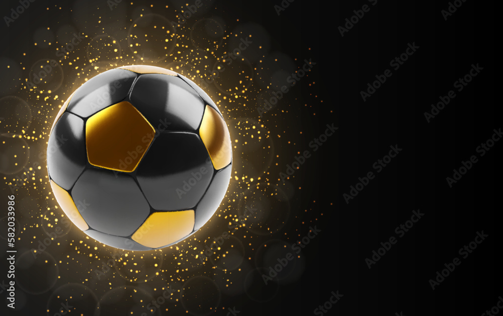 Naklejka premium Black and gold soccer ball on a glittering background. EPS10 vector