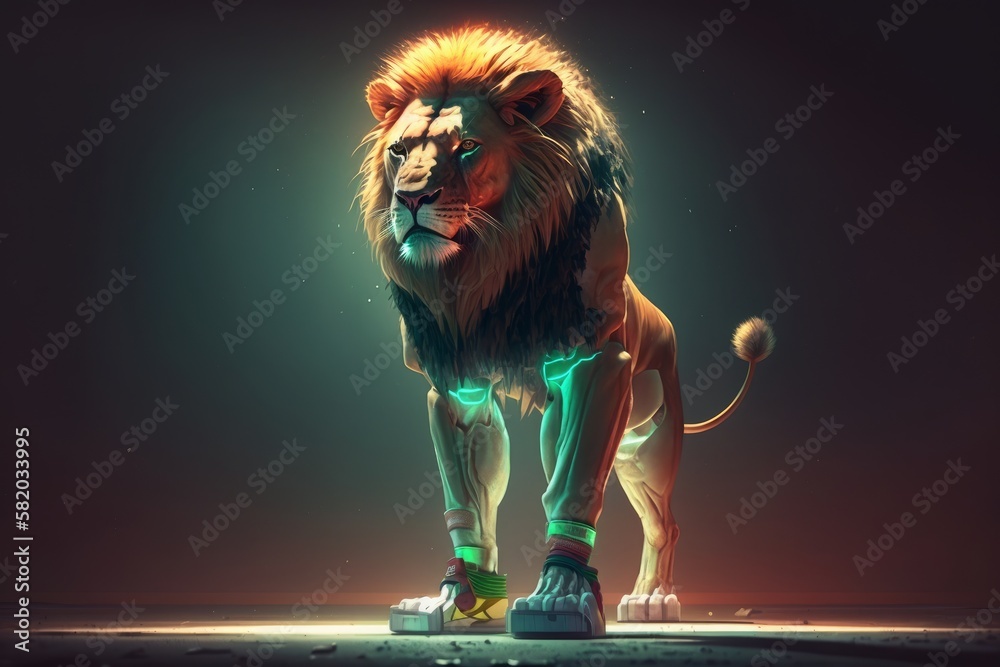 Neon-Backlit Cute Lion Donning Tank Top, Shorts & Sneakers: A Cinematic 8K Shot with Detailed Sharpening & White Background By Marcin & Rebecca, Generative ai - obrazy, fototapety, plakaty 
