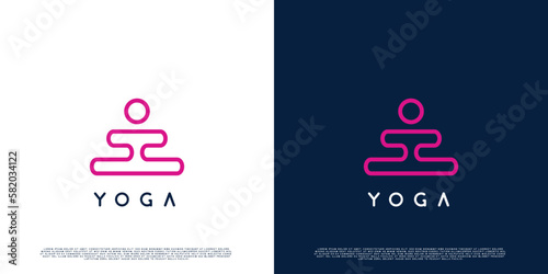 Yoga exercise logo design illustration. Silhouette of yoga person, health exercise therapy for women. Minimalist line art design.