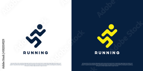 Running sport logo design illustration. Silhouettes of people running exercising. Simple flat design rounded shape.