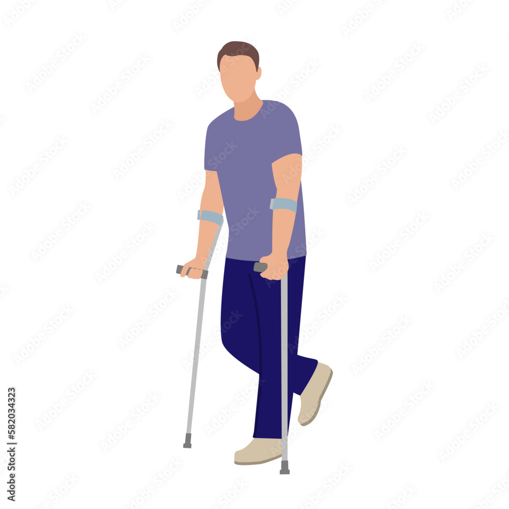 Person with crutches. A person with disabilities. Rehabilitation after illnes. 