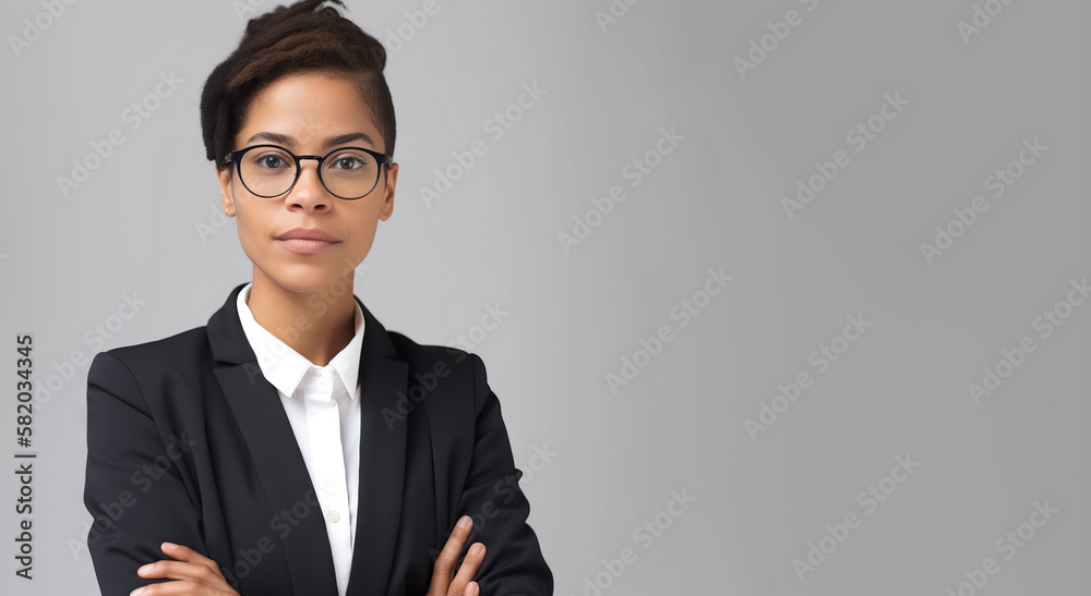 Gen-Z in business. Portrait of a young BIPOC businesswoman with wearing a suite. Solid white background. Gen-Z in business. Portrait of a young BIPOC businesswoman with wearing a suite. Solid white background.