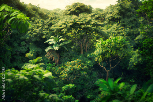 A dense jungle with a green canopy of trees