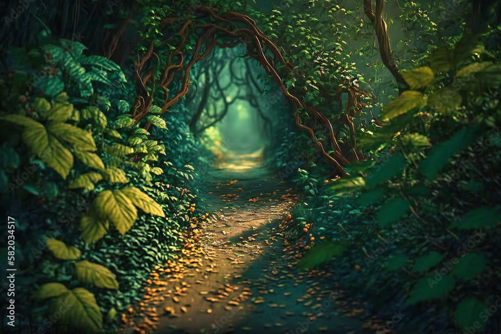 A green forest path overgrown with lush foliage and underbrush