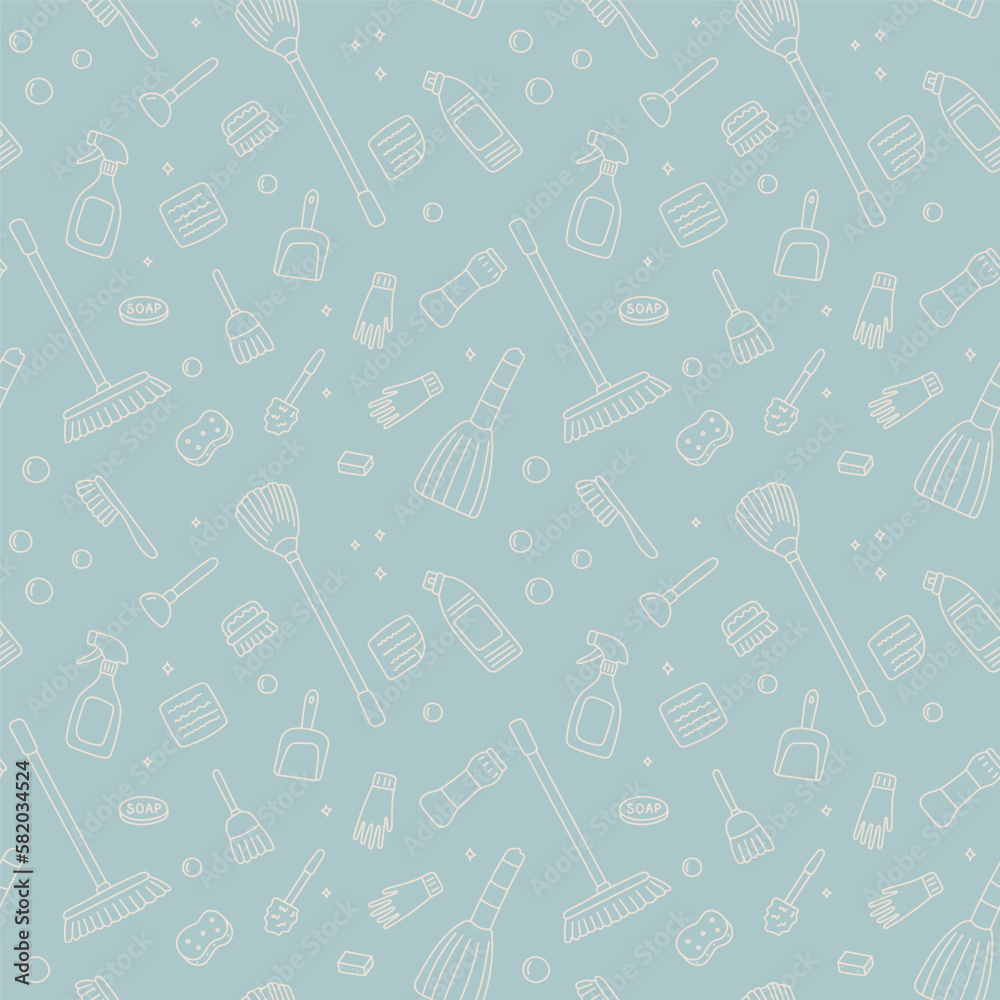 Seamless pattern of broom, mop, soap, plunger, toilet cleaner, rubber gloves. Cleaning, sweeping, washing. Vector illustration in doodle style. Seamless pattern of broom, mop, soap, plunger, toilet cleaner, rubber gloves. Cleaning, sweeping, washing. Vector illustration in doodle style.