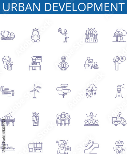 Urban development line icons signs set. Design collection of , Urbanization, Planning, Infrastructure, Transportation, Neighborhoods, Growth, Gentrification outline concept vector illustrations photo