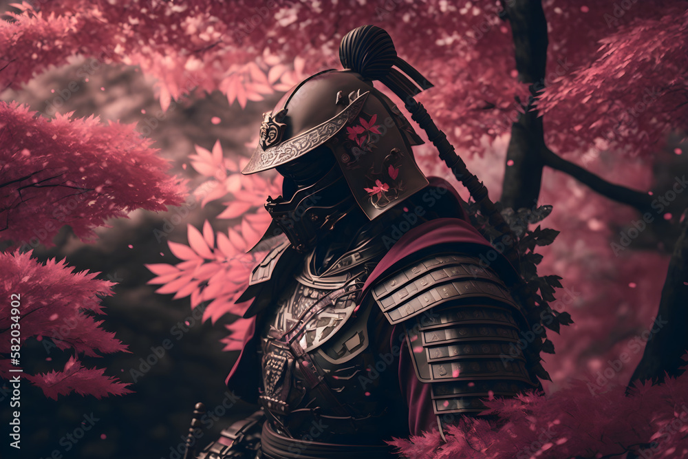 Fototapeta premium Samurai surrounded by Kanzan trees, Generative AI