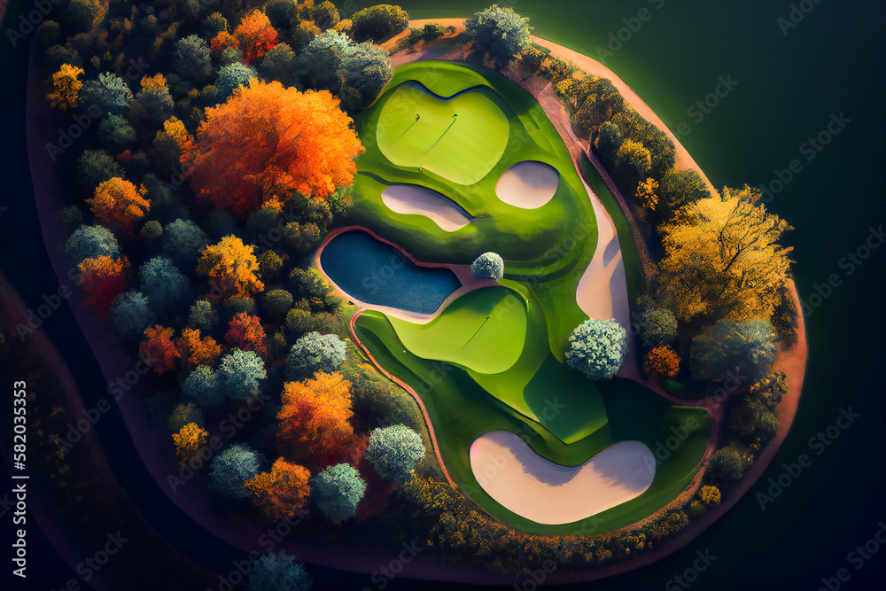 Top View Of The Golf Course.  Aerial view of green grass and trees on a golf field.  Generative AI.