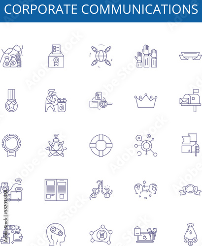Corporate communications line icons signs set. Design collection of corporate, communications, strategy, marketing, branding, employee, information, media outline concept vector illustrations