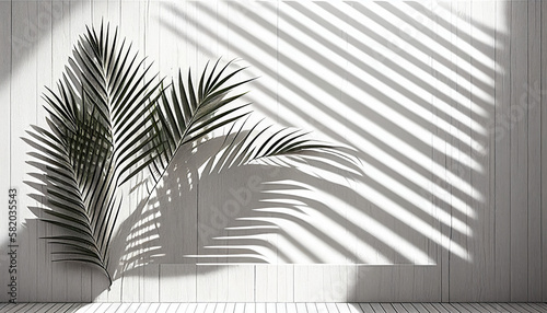 Wood texture 3d wall room studio background with palm leaf shadow, Generative AI