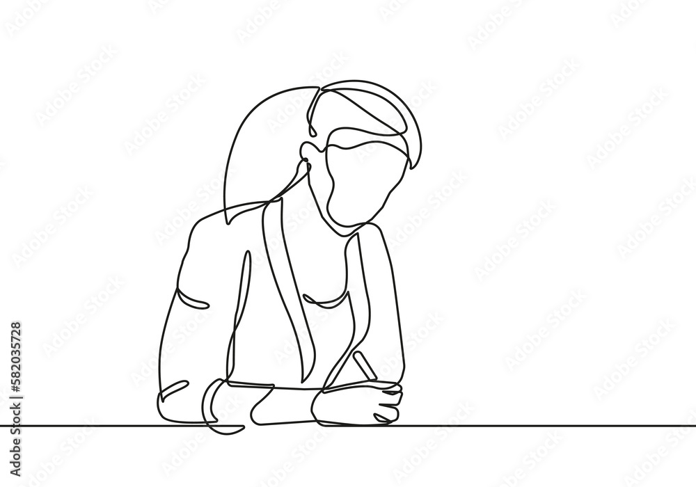 Businesswoman Line Art Drawing. Business Concept Minimalistic Black Lines Drawing. Woman Working Continuous One Line Drawing. Woman in Office Abstract Concept. Vector Illustration.