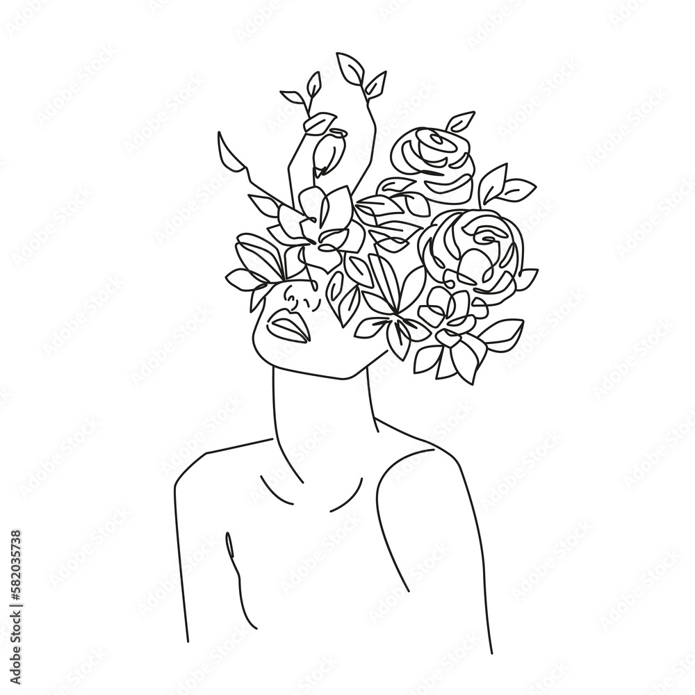 Woman Portrait with Flowers Line Art Drawing. Floral Beauty Female Face ...