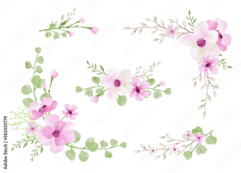 Watercolor arrangements with pink flowers, green leaves and branches. Botanical vector illustration for card design, wedding, invitations, greeting, Save the date, invitation design