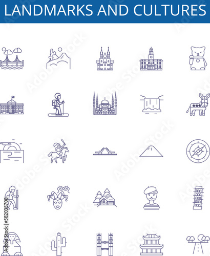 Landmarks and cultures line icons signs set. Design collection of Landmarks, Cultures, Heritage, Sites, Ruins, Attractions, Monuments, Traditions outline concept vector illustrations
