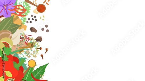 インドのスパイスの背景フレーム。フラットなベクターイラスト。 Background frame of Indian spices. Flat designed vector illustration.