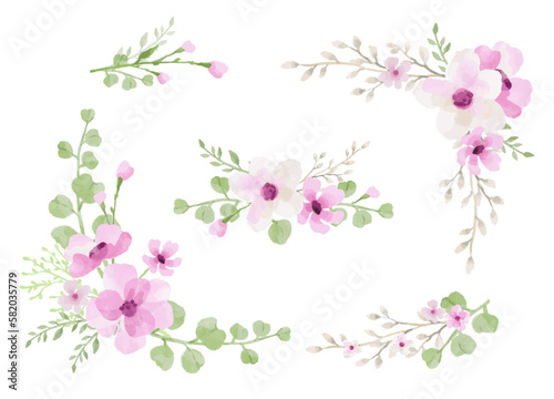 Watercolor arrangements with pink flowers, green leaves and branches. Botanical vector illustration for card design, wedding, invitations, greeting, Save the date, invitation design