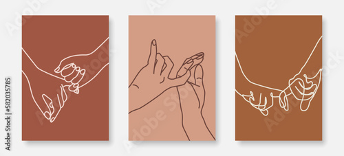 Holding Hands Continuous Line Drawing Prints Set for Wall Decor. Pinky Swear Minimalist Abstract Illustration One Line Style for Modern or Boho Design. Vector Illustration