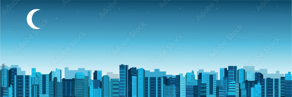 Vector poster with night city view. Panoramic view.