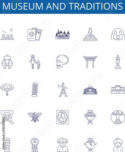 Museum and traditions line icons signs set. Design collection of museum, traditions, history, culture, heritage, artifact, exhibit, collection outline concept vector illustrations