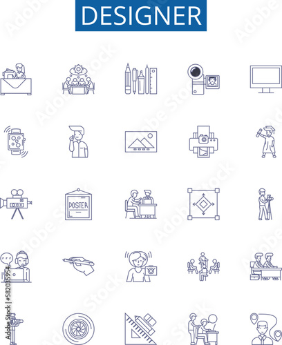 Designer line icons signs set. Design collection of Designer, Fashion, Architecture, Interior, Art, Creative, Costume, Graphic outline concept vector illustrations