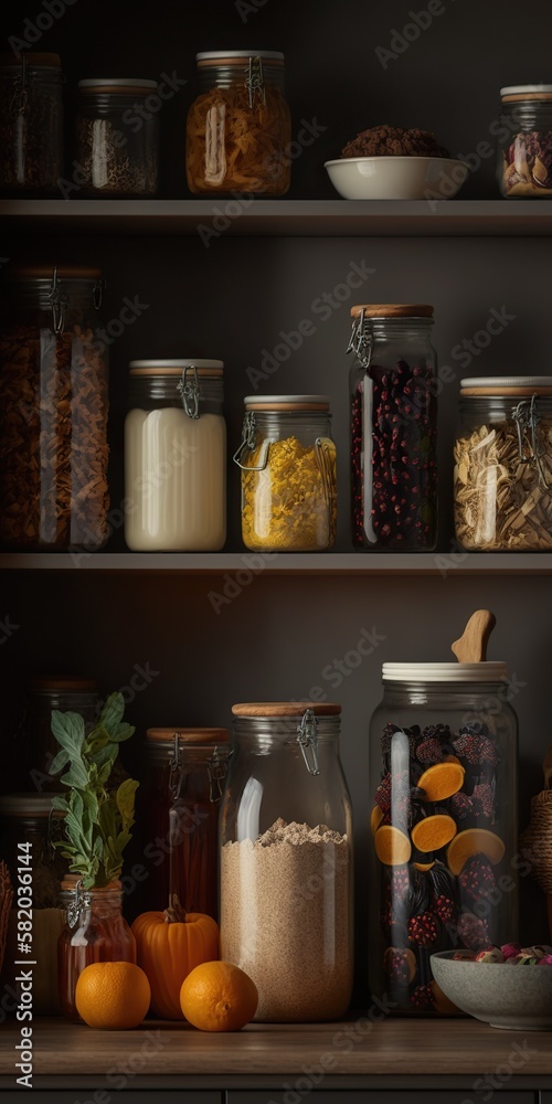 Kitchen with jars filled with bulk foods and products reducing packaging waste, concept of Zero Waste and Sustainable Living, created with Generative AI technology