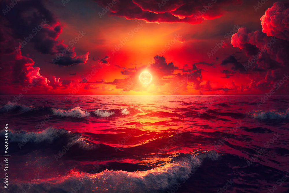 Fiery orange and red hues illuminating the sky as the sun sets over the sea