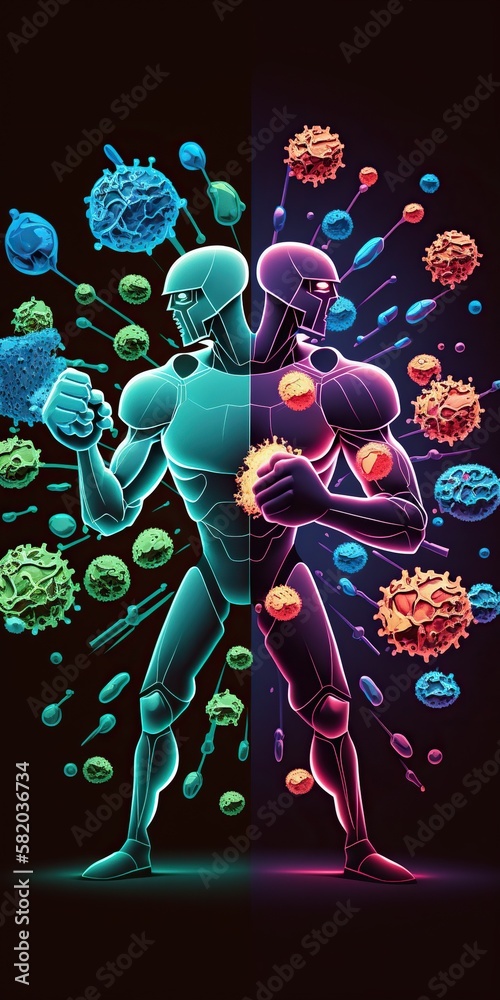 Immune System With Colorful Cells Antibodies And Viruses Showing Battle Between Defenses And