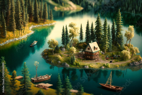 Peaceful lakeshores bordered by forests and dotted with boats