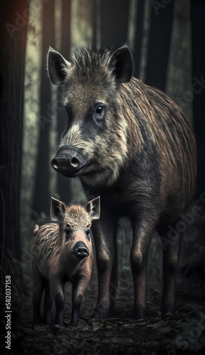 Wild Boar and Baby. Generative AI