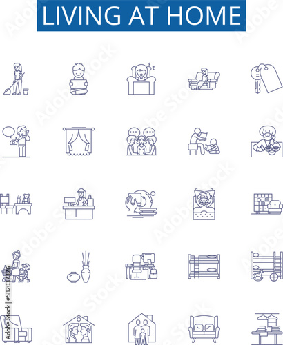 Living at home line icons signs set. Design collection of Dwelling, Residing, Co habiting, Abode, Homely, Domiciled, Lodging, Occupying outline concept vector illustrations