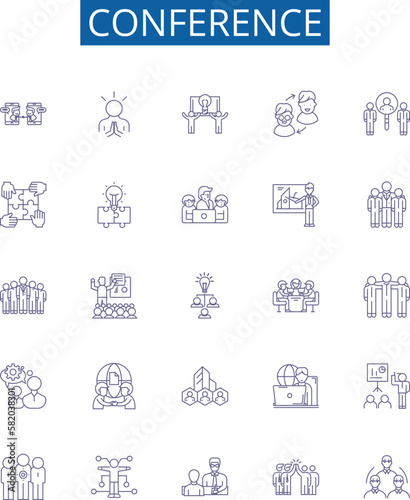 Conference line icons signs set. Design collection of Conclave, Forum, Summit, Dialogue, Symposium, Assembly, Rally, Caucus outline concept vector illustrations