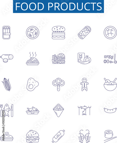Food products line icons signs set. Design collection of Produce, Meat, Dairy, Groceries, Canned, Frozen, Baked, Confectionery outline concept vector illustrations