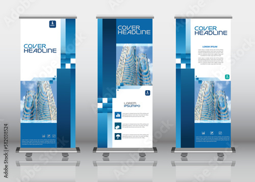 Roll up banner stand template. Abstract background for design, business, education, advertisement. blue color. Vector illustration.