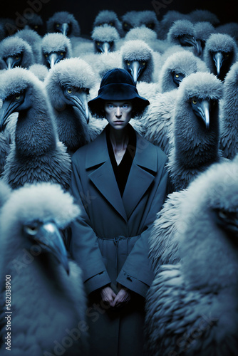 Alpaca ostrich and a woman in blue. Generative AI.