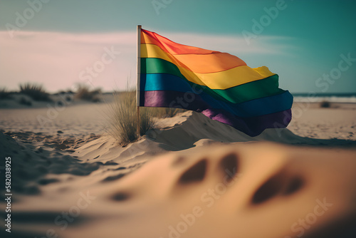 Raising rainbow flag on Sand dunes on the desert or beach under sunny day to support LGBTQIA+ community , generative ai