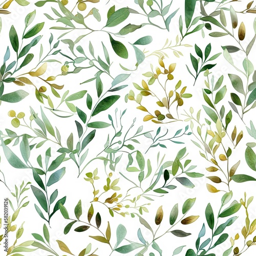 Floral watercolor pattern with green leaves and branches  © oleksandr.info