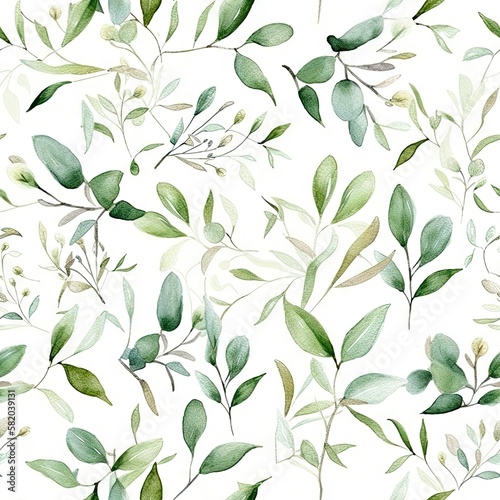 Floral watercolor pattern with green leaves and branches 