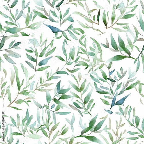 Floral watercolor pattern with green leaves and branches © oleksandr.info