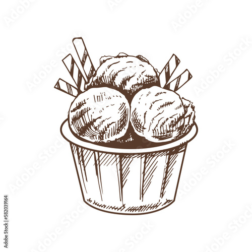 A hand-drawn sketch of an ice cream balls in a cup. Vintage illustration. Element for the design of labels, packaging and postcards.
