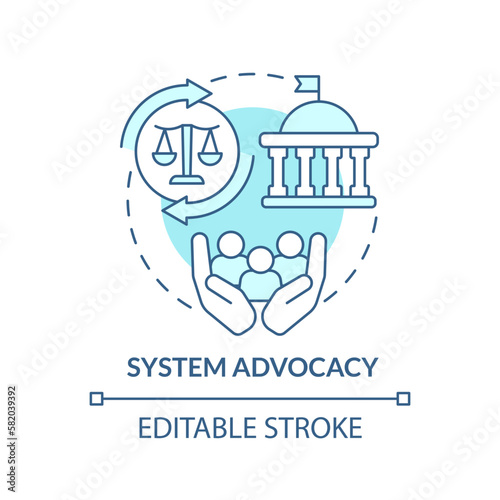 System advocacy turquoise concept icon. Changing rules. Type of legal protection abstract idea thin line illustration. Isolated outline drawing. Editable stroke. Arial, Myriad Pro-Bold fonts used
