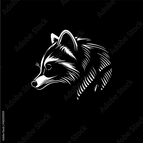 Raccoon head dotwork tattoo with dots shading, wild animal logo template, tippling tattoo. Hand drawing bird emblem on black background for body art, minimalistic sketch art. Vector illustration photo