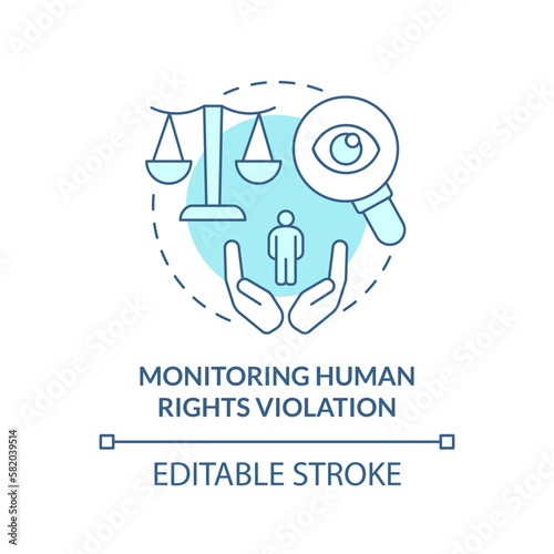Monitoring human rights violation turquoise concept icon. Form of advocacy abstract idea thin line illustration. Isolated outline drawing. Editable stroke. Arial, Myriad Pro-Bold fonts used