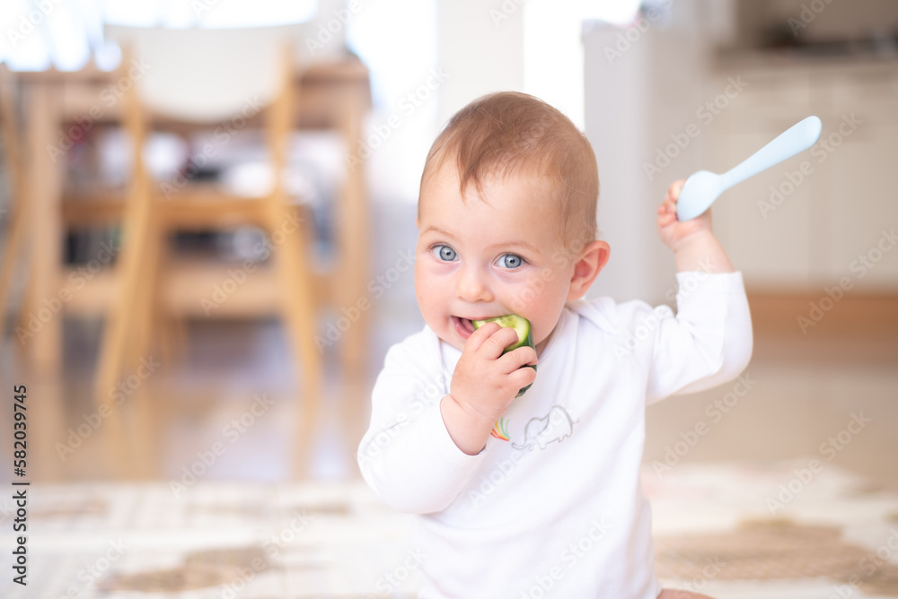 Baby with blue eyes and white bodysuit sit and eat cucumber, hold spoon. Child eating first food. Problems for feeding up children for parents. Healthy and unhealthy ready breakfasts. Baby with blue eyes and white bodysuit sit and eat cucumber, hold spoon. Child eating first food. Problems for feeding up children for parents. Healthy and unhealthy ready breakfasts.
