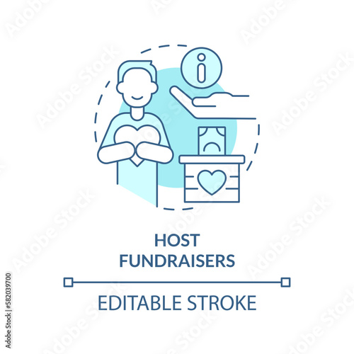 Host fundraisers turquoise concept icon. Charity organizations. Form of advocacy abstract idea thin line illustration. Isolated outline drawing. Editable stroke. Arial, Myriad Pro-Bold fonts used