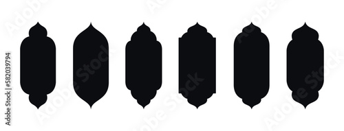 Collection of oriental style. Islamic vector shapes of a window or door arch, mosque gate. Arab frame set. Ramadan kareem silhouette icon.  Islamic arabesque pattern.