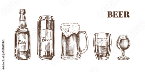 Hand-drawn sketch of beer can, beer bottle, beer glasses and beer mug isolated on white background. Vector vintage engraved illustration.