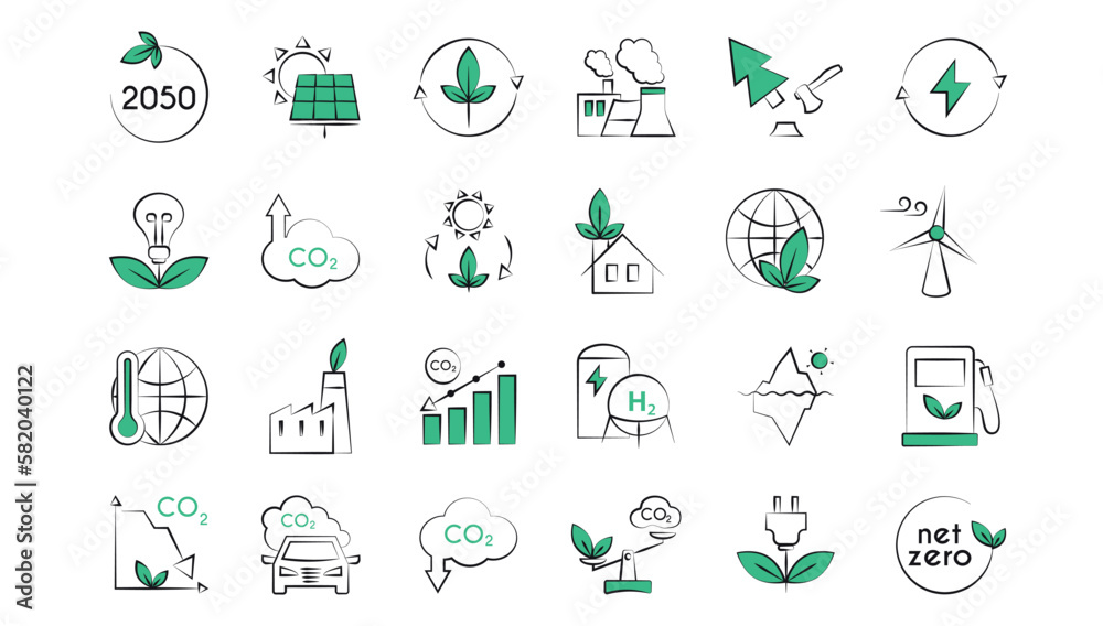 Net zero line icon set. Carbon neutral and net zero concept. Green energy, CO2 neutral, save Earth. Simple outline sign for ecology.